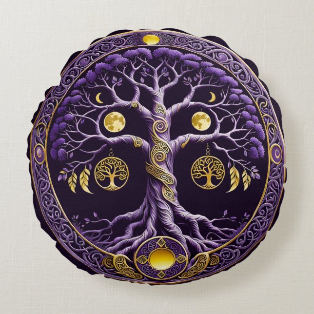 Almofada Redonda Purple and Gold Tree of Life Mandala (Frente)