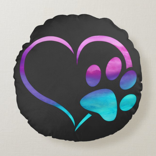 Almofada Redonda Purple Cyan Dog paw Print Heart  (Frente)