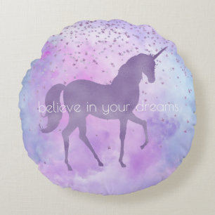 Almofada Redonda Purple Stars Confetti Watercolor Unicorn
