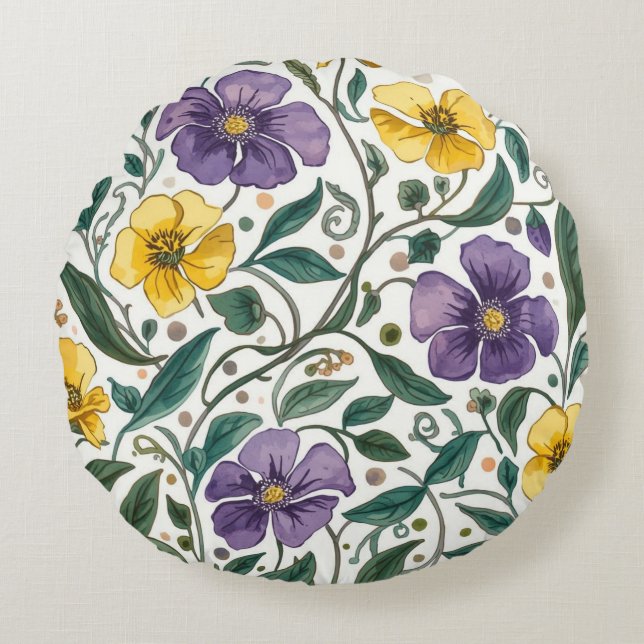 Almofada Redonda Purple Yellow Flowers Pattern, Modern,Elegant (Frente)