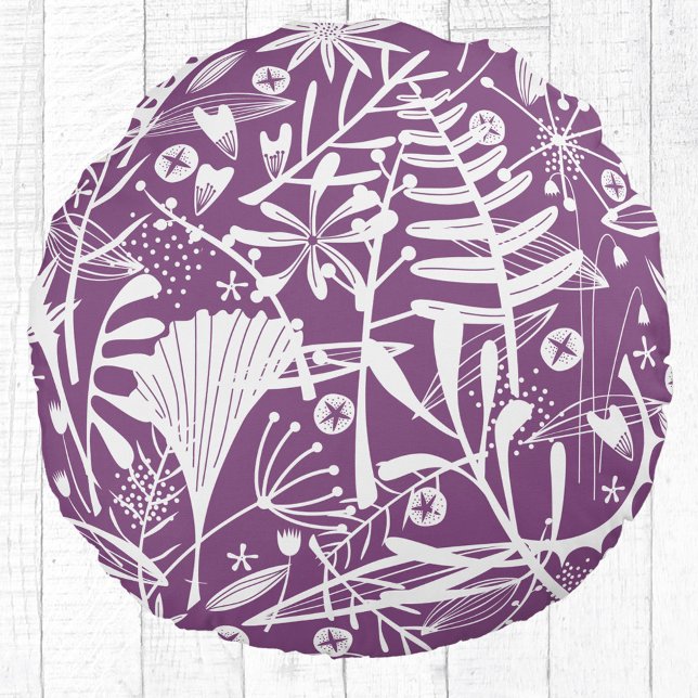 Almofada Redonda Púrpura Botânica Floral (Purple and white botanical silhouette round pillow)