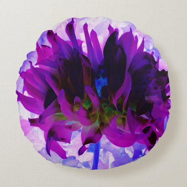 Almofada Redonda Púrpura e preto Cactus Dahlia (Frente)