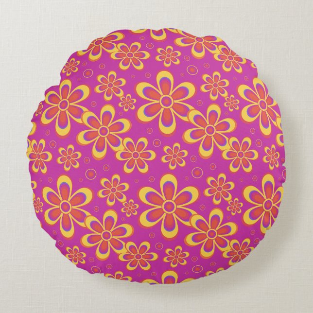 Almofada Redonda Púrpura Magenta Flores Sem Costura Padrão (Frente)