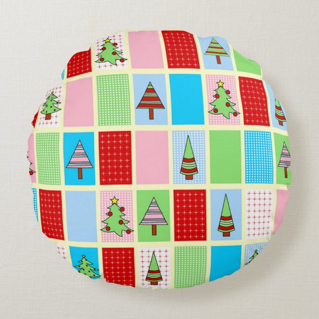 Almofada Redonda Quadrados de Natal Coloridos (Frente)