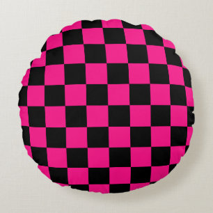 Almofada Redonda Quadrados verificados retro geométrico preto-rosa-