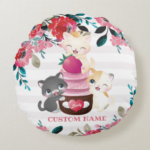 Almofada Redonda Quadrinhos Quimsos De Cartoon Floral Gatos De Cupc