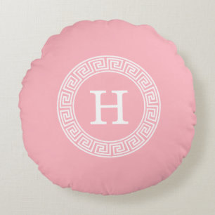 Almofada Redonda Quadro-chave grego branco cor-de-rosa com imagem i