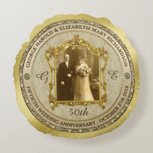 Almofada Redonda Quadro de Fotografias Clássicas do Casamento de ou