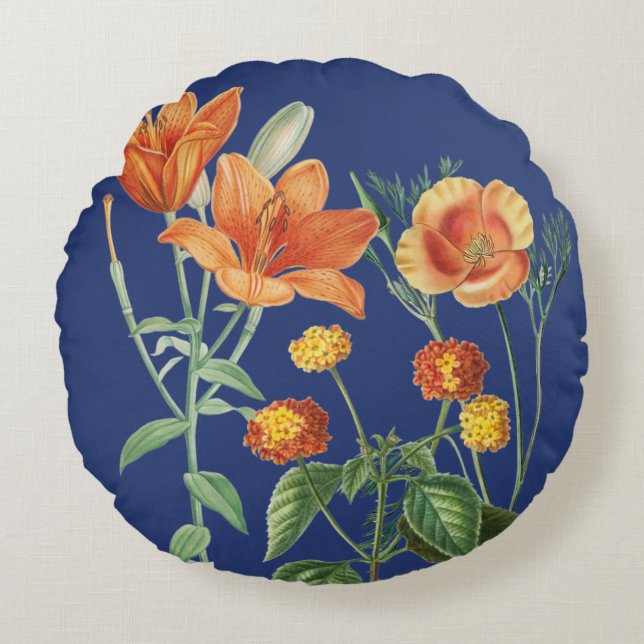 Almofada Redonda Queda Autumn Watercolor Laranja Azul Floral (Frente)