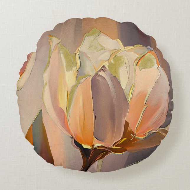 Almofada Redonda Quiet Bloom – Abstract Tulips In Soft Gold (Frente)