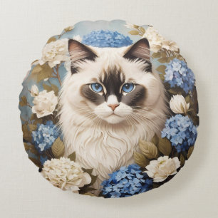 Almofada Redonda Ragdoll Cat Com Flores De Hydrangea Azuis