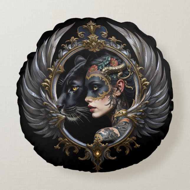 Almofada Redonda Rainha da Sombra – Emblema do Espírito Pantera. (Frente)