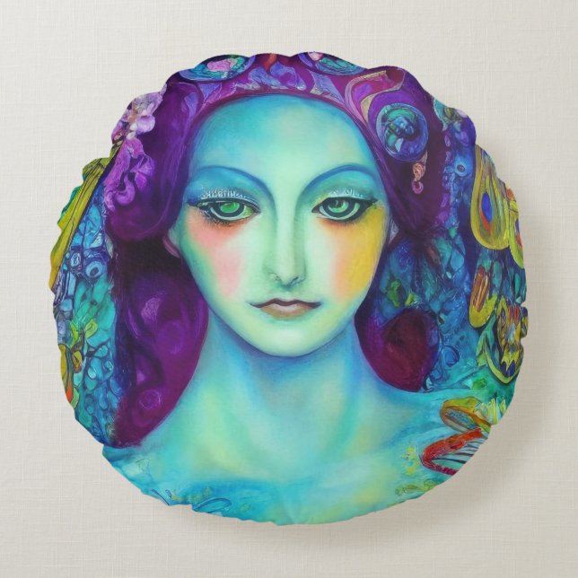 Almofada Redonda Rainha Fada Encantada com Borboletas (Frente)