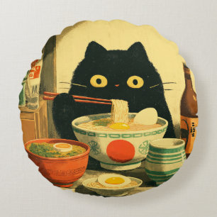 Almofada Redonda Ramen Comendo Gato Negro Engraçado