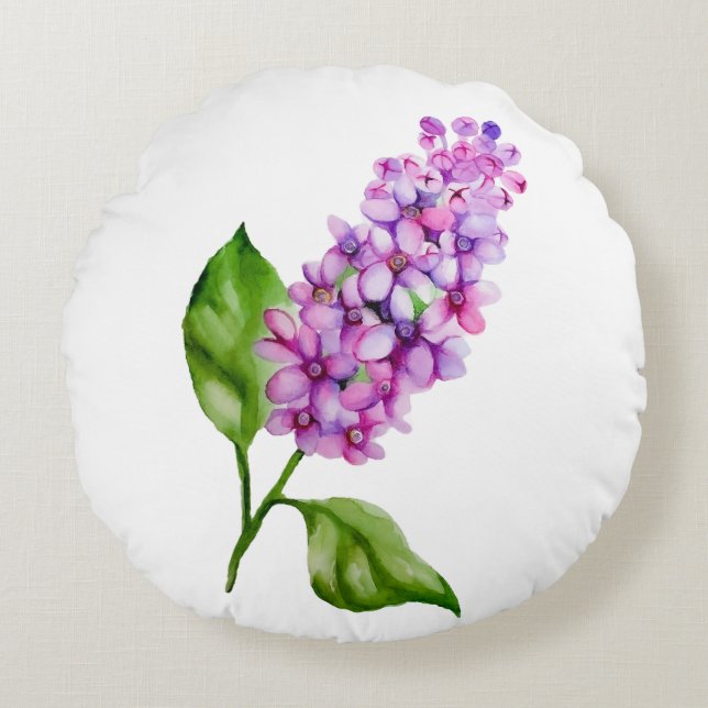 Almofada Redonda Ramificação lilática de aquarela elegante (Frente)