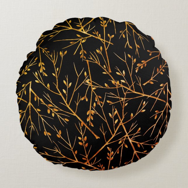 Almofada Redonda Raminhos de Laranja Queimada em Preto (Frente)