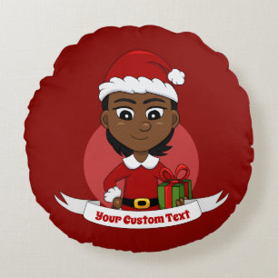 Almofada Redonda Rapariga de Natal afro-americana com cabelo curto