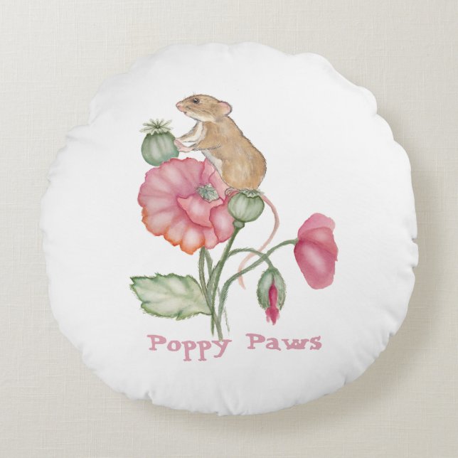 Almofada Redonda Rato Cute Blooming em Poppy (Frente)