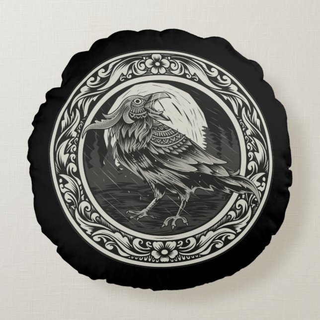 Almofada Redonda Raven Medallion Carving Art Bird Nature (Frente)