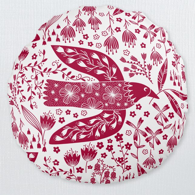 Almofada Redonda Red Bird Art (Red and white peace dove folk art pillow)