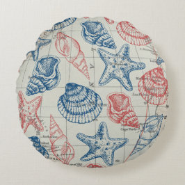 Almofada Redonda Red Blue Nautical Map Sailing Ship