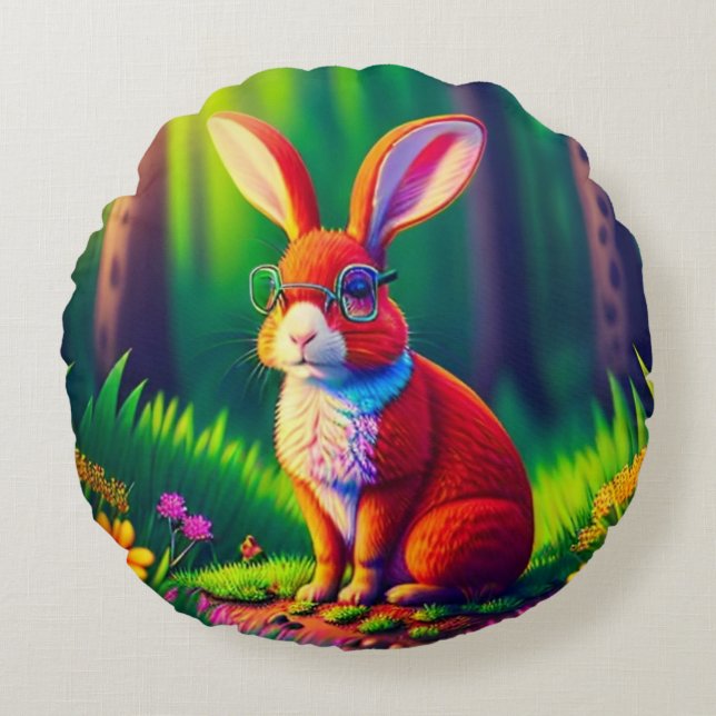 Almofada Redonda Red Bunny Sentado na Grass (Frente)