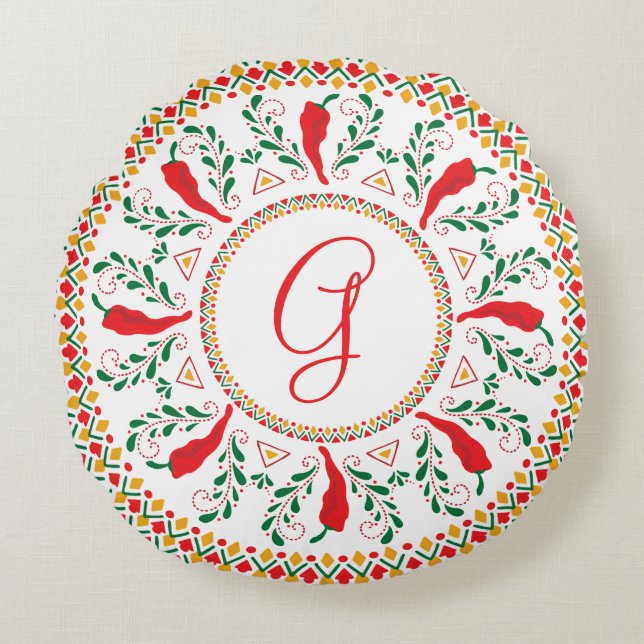 Almofada Redonda Red Chile Pepper Wreath (Frente)