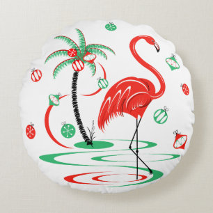 Almofada Redonda Red Christmas Flamingo Baubles
