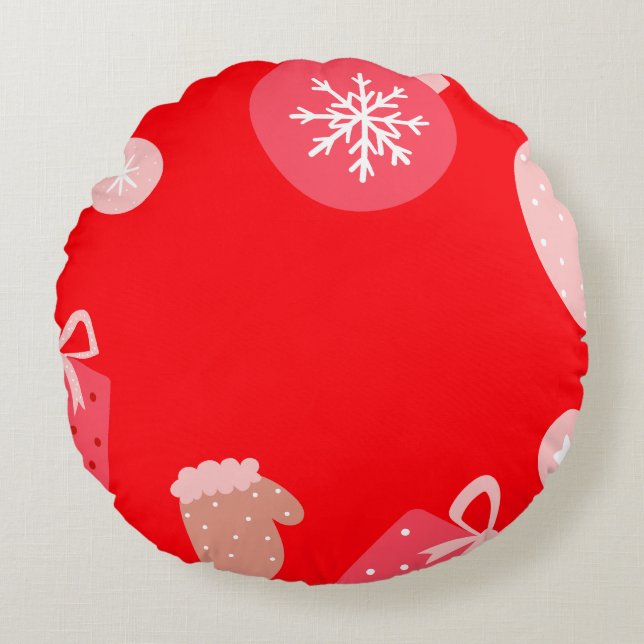 Almofada Redonda Red Felry Christmas Ornakes Snowflakes Luvas (Frente)