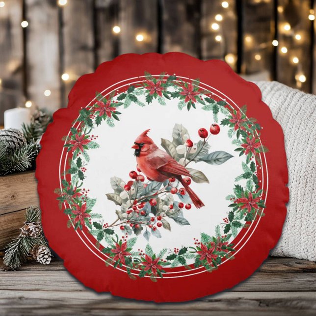 Almofada Redonda Red Mockingbird Poinsettia Borders Elegante (Criador carregado)