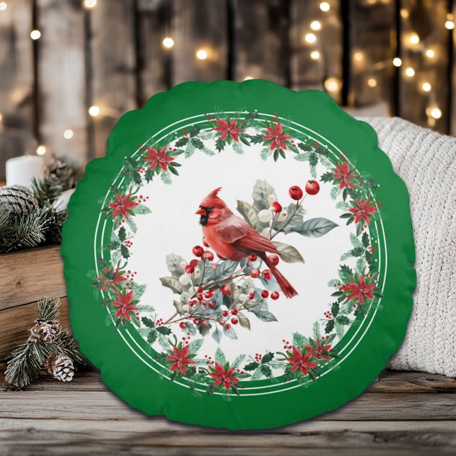 Almofada Redonda Red Mockingbird Poinsettia Green (Criador carregado)