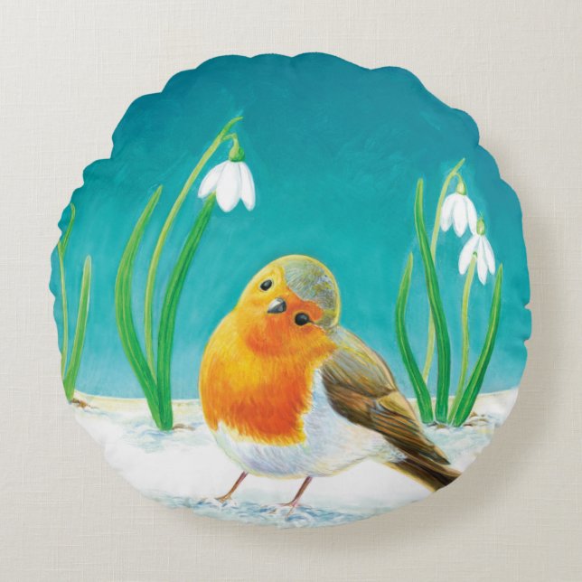 Almofada Redonda Red Robin (Erithacus rubecula) (Frente)