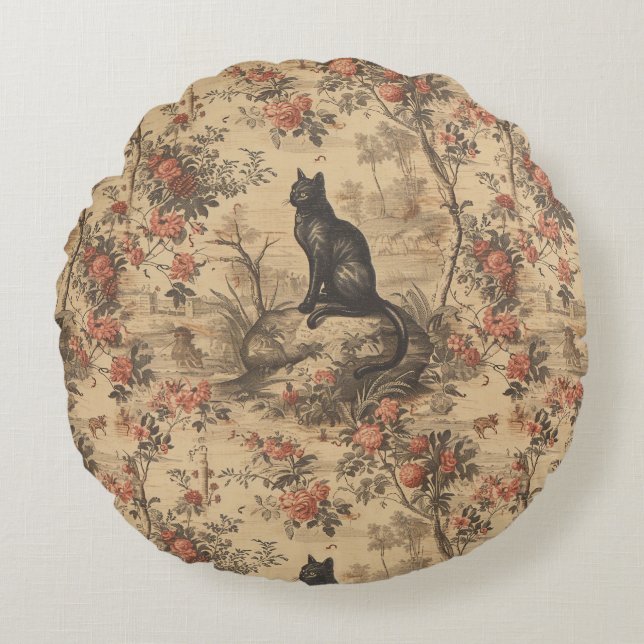 Almofada Redonda Red Toile Chinoiserie Cat Damask (Frente)
