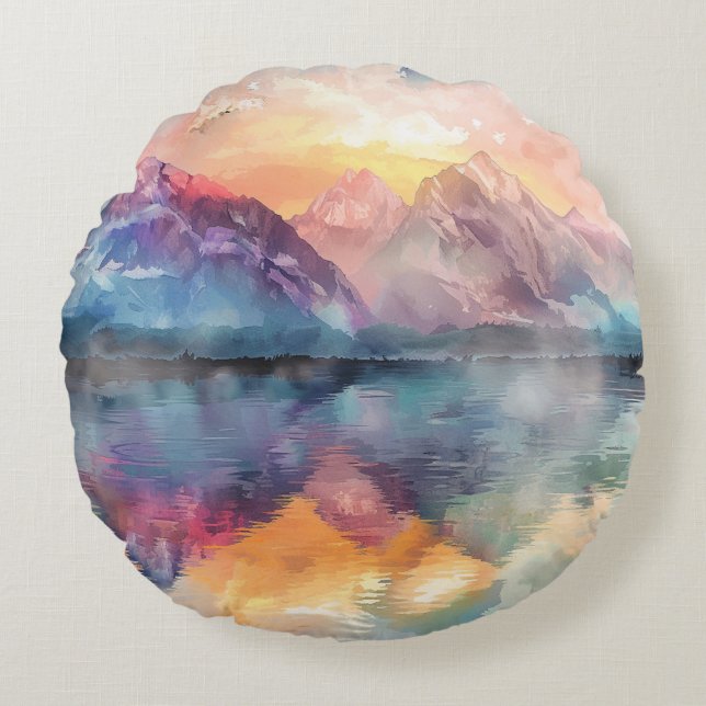 Almofada Redonda Reflexão Montanha: Travesseiro decorativo Arredond (Frente)