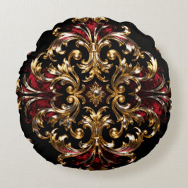 Almofada Redonda Regal Noir Pattern | Gold Scrollwork & Crimson