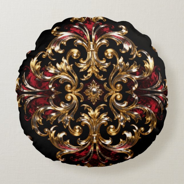 Almofada Redonda Regal Noir Pattern | Gold Scrollwork & Crimson (Frente)