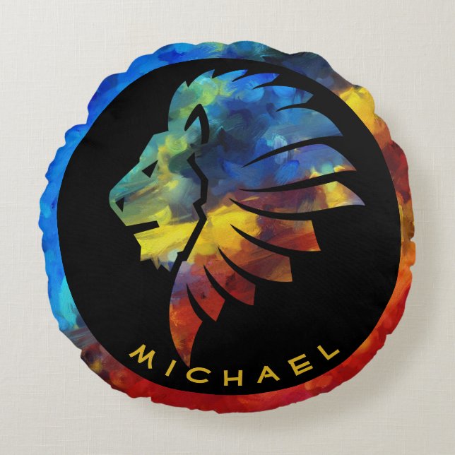 Almofada Redonda Rei da selva, nome de aquarela monograma (Frente)