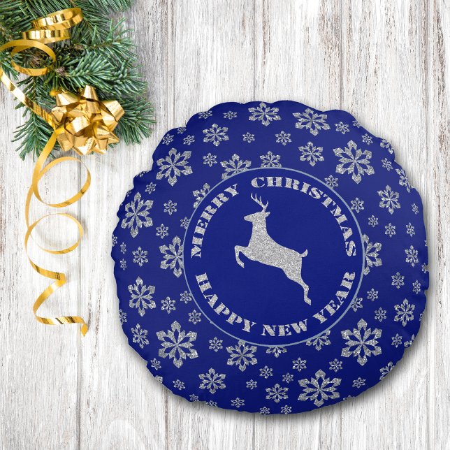 Almofada Redonda Reindeer Blue Silver Snowflake (Criador carregado)