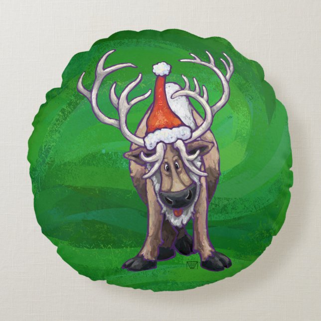 Almofada Redonda Reindeer Christmas On Green (Frente)