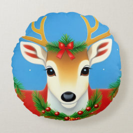 Almofada Redonda Reindeer Festivo com Foliday Wreath