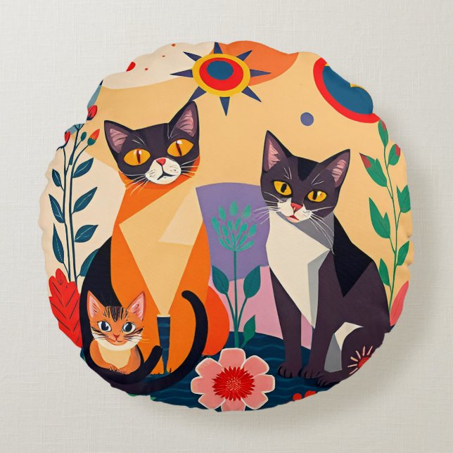 Almofada Redonda Representação Artística Abstrata de Gatos (Frente)