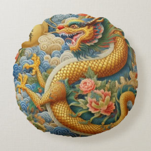 Almofada Redonda Respire o fogo Chinoiserie Dragon Dourado