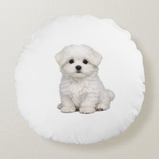 Almofada Redonda Retrato de Cachorrinho Maltês Branco Fofinho Amant