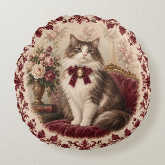 Almofada Redonda Retrato de Gato Vitoriano Floral Burgundy Vintage