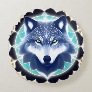 Almofada Redonda Retrato de Lobo com Olhos Dourados Intensos