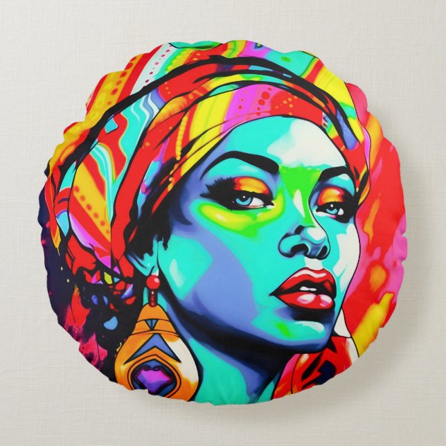 Almofada Redonda Retrato de pop Art (Frente)