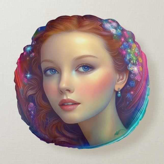 Almofada Redonda Retrato do Cabelo Arco-Íris Encantado (Frente)