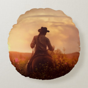 Almofada Redonda Retrato do cowboy ocidental Vintage