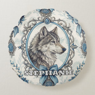 Almofada Redonda Retrato do Lobo de inverno em azul Ornamentado e q