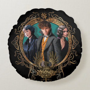 Almofada Redonda Retrato do ouro Newt, Tina e Leta Art Deco